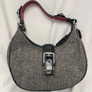 Vintage COACH 1407 Hobo Bag — Black & Gray Wool Tweed with Leather & Patent Trim
